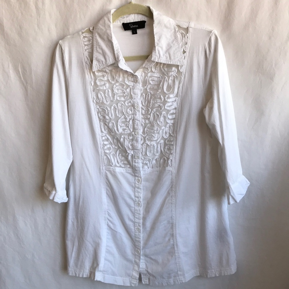 Shana white button-down 3/4-sleeve top, size L
